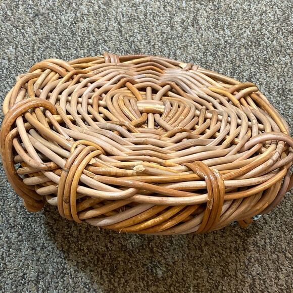 VTG, Mid-Century Japanese Rattan Natural Woven Basket 2 Handles Round Tray MCM - Picture 2 of 11